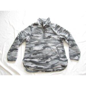 Women Halcyon Fluffy 1/4 Zip Gray Camo Fleece Pullover Sz L (WS71)